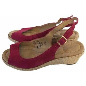 Lands End Womens Sz 6 1/2  Slingback Espadrilles  Suede Dark Pink Wedge Sandals